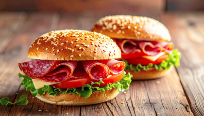 Two sandwiches with salami, cheese, lettuce, and tomatoes on sesame seed buns, macro shot. AI