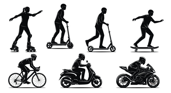 Silhouettes of urban commuters and athletes on skates, scooters, skateboard, bicycle, and motorcycles in dynamic motion poses
