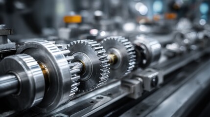 Fototapeta premium Close-up of high-precision metal gears and mechanical components on an automated production line in an industrial factory.