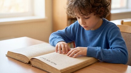 Young boy reading braille textbook while sitting at a table indoors