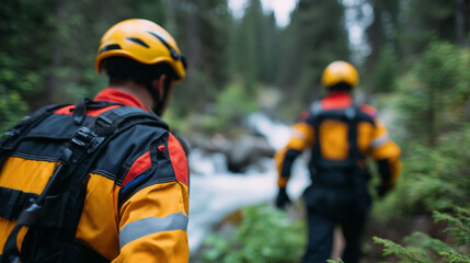 Defocused firefighters in protective gear within mountain forest, teamwork and readiness for emergency operation, nature rescue concept