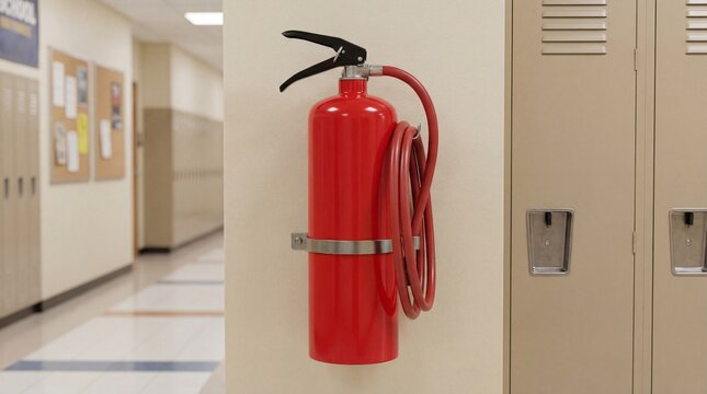 Red fire extinguisher mounted on wall in school hallway  