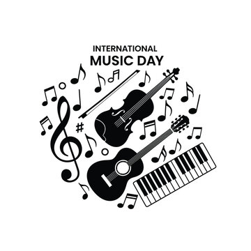 Illustration featuring musical instruments and notes celebrating International Music Day.