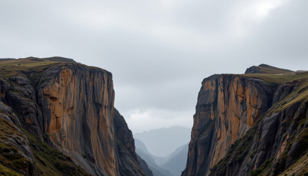 create a photo of a gap between two cliffs set against a gray, cloudy sky, the subject should be placed on the left side, under a soft, diffused light