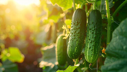 Obraz premium Ripe cucumbers on vine, organic farming concept, fresh and healthy vegetables, autumn harvest