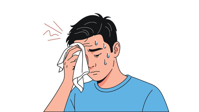 Exhausted young man wipes sweat from his forehead with a white handkerchief while feeling unwell and tired outdoors in summer.