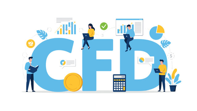 Diverse team of finance professionals collaborating on trading and analysis around large letters spelling out the acronym cfd.