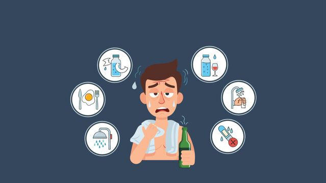 Illustration of a hungover man surrounded by essential recovery icons like water, food, shower, and rest after a night of drinking.