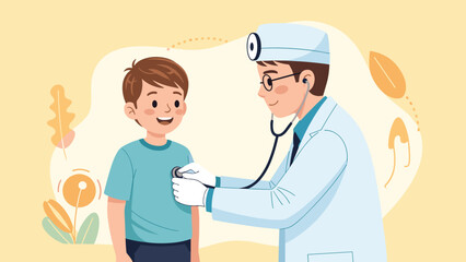 Fototapeta premium Friendly male doctor using a stethoscope to listen to the heartbeat of a young smiling boy during a regular medical checkup in a clinic.