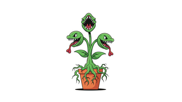 Scary three-headed monstrous plant with sharp teeth and long red tongues growing in a clay pot for a fantasy or horror theme illustration.