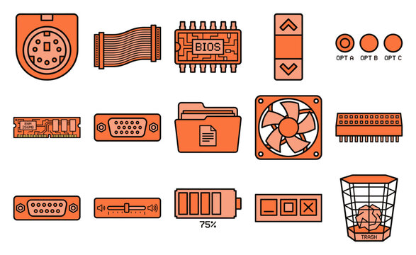 Flat Vector Computer Hardware and UI Element Kit for Retro Tech Systems and Information Technology