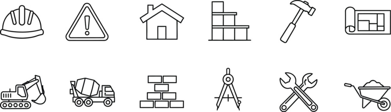 Collection of essential black and white outline icons representing various construction machinery tools safety gear architectural elements and building progress symbols for industry use