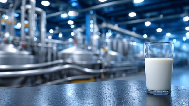 Industrial dairy processing facility with defocused automated equipment, stainless steel pipes and tanks, food manufacturing systems in operation, sterile production infrastructure