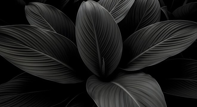 Close up of dark plant leaves in black and white