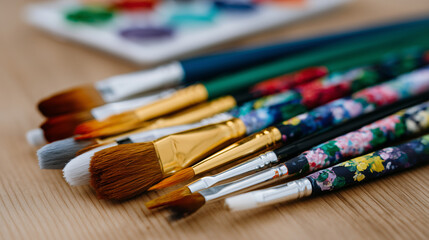 Fototapeta premium Art store display of synthetic and natural bristle paintbrushes laid on wooden counter, close-up with defocused colorful stationery items in the background, creative hobby concept,