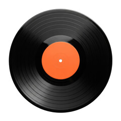 A single black vinyl record with intricate grooves and a bold orange label, isolated on a transparent background with high-key lighting. Concept of timeless analog media