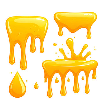 Cartoonish illustration of dripping yellow liquid, featuring drops and splash elements on black