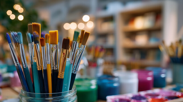 Defocused retail stationery store with paintbrushes in foreground, various sizes and bristle types, creative hobby and art education tools on display, soft lighting, copy space