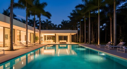 Stunning modern luxury villa exterior features a long illuminated swimming pool surrounded by tall tropical palm trees at twilight