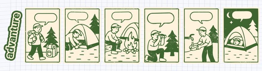 Embark on Nature's Journey Charming Hand-Drawn Camping Comic Strip for Outdoorsy Creative Projects set © MSTMAYA