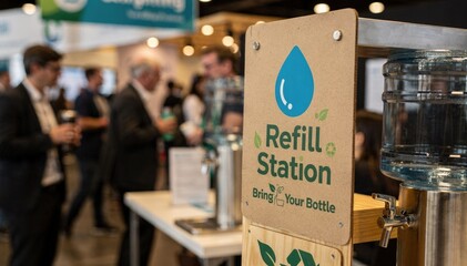Focus on ecofriendly signage promoting refill stations with a softly blurred crowd in the background at an event venue.