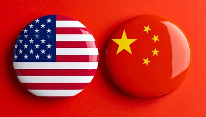 Side-by-Side Circular Buttons Featuring the Flags of the United States and China on Red Background
