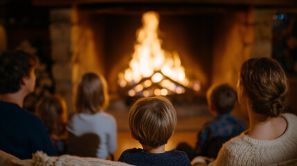 Fototapeta premium Evening family gathering around fireplace, faceless adults and kids, warm firelight, soft focus background, seasonal comfort, cozy indoor environment, peaceful bonding and together