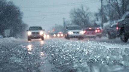 Obraz premium Dangerous driving conditions on an icy and slushy road during a winter snowstorm with cars in the background