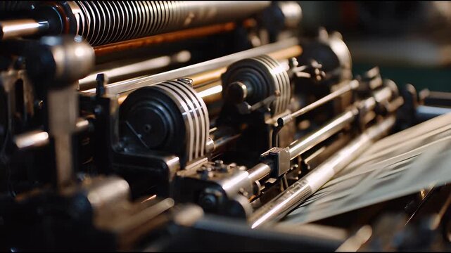 Close-Up Vintage Printing Press Machine with Metal Rollers and Paper Feed