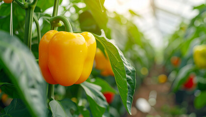 Organic bell pepper growing in greenhouse environment, fresh farm harvest, natural and healthy