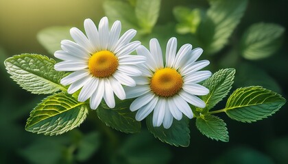 Two White Daisies And Mint Leaves Close Up Detailed Illustration Of Blossoms And Foliage