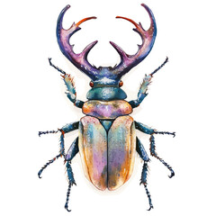 Fototapeta premium Stag Beetle, semi-realistic fantasy style, subtle magical elements, soft glow, watercolor illustration, isolated on white background