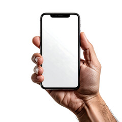A hand is holding a smart mobile phone with a blank digital touchscreen display for wireless business communication and technology