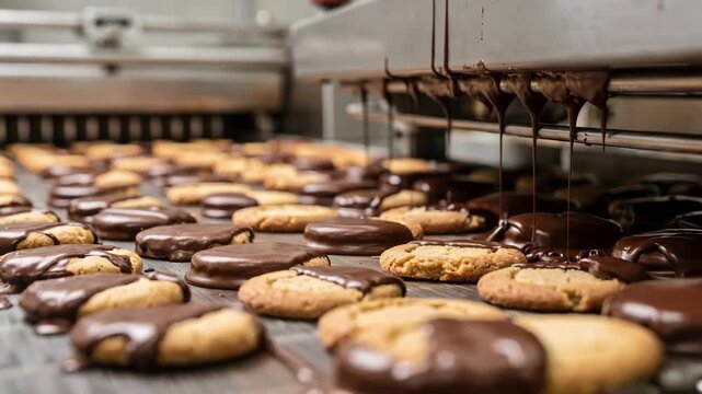 Medium shot capturing cookies being halfdipped showing the contrast between golden dough and glossy chocolate layer in a production line.