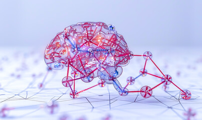 A futuristic abstract illustration of a human brain formed by glowing nodes and connecting lines, symbolizing neural networks, data flow, and artificial intelligence.