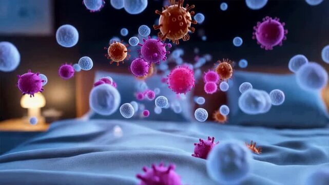 A vibrant illustration of germs and bacteria floating above a bed showing the importance of cleanliness.