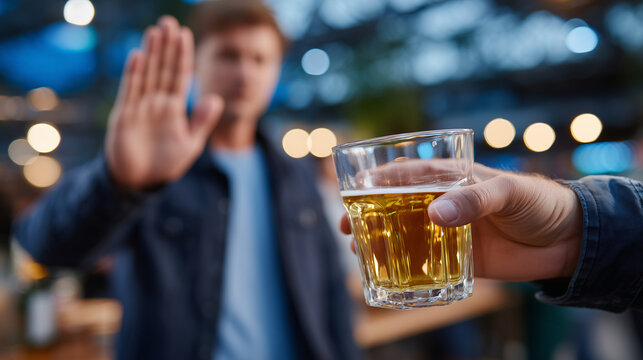 Faceless male figure shaking head and pushing away alcohol glass, friend holding drink in foreground, substance avoidance message, close-up of hands and gesture, blurred party sett