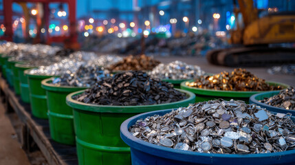 Close-up of containers filled with assorted metal waste, arranged by type and size, industrial recycling operation, defocused background, metal remelting preparation