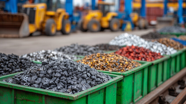 Close-up of containers filled with assorted metal waste, arranged by type and size, industrial recycling operation, defocused background, metal remelting preparation