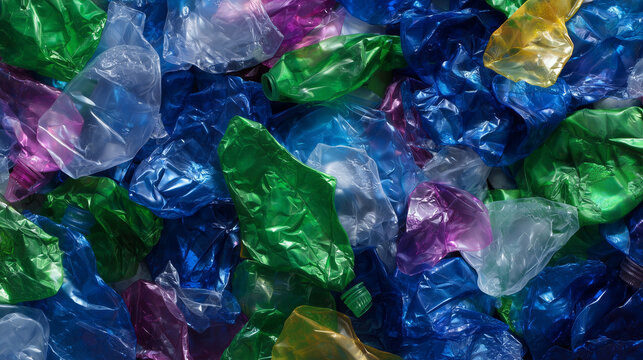Crushed plastic bottles pile, colorful and translucent, close-up shot highlighting textures and shapes, waste processing and recycling operation, environmental sustainability focus