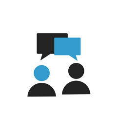 Vector icon of two people with blue and black speech bubbles. Minimalist graphic representing social communication, collaborative dialogue, customer support, and interpersonal networking.