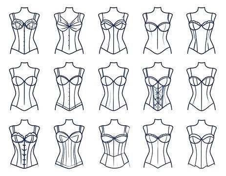 Fifteen detailed line art illustrations of various corset designs, each displayed on a headless mannequin
