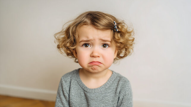 Upset toddler girl with blonde curly hair and a pouting face