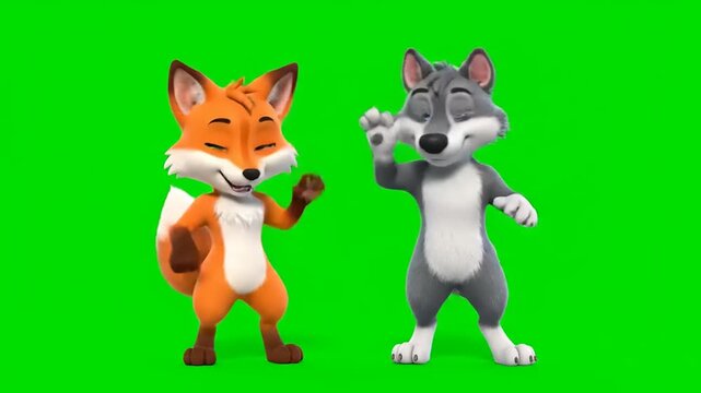 Cute cartoon fox and wolf characters dancing and waving on green screen.