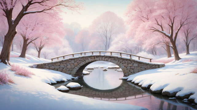 A small old stone bridge arching over a calm, reflective stream, in a park in winter