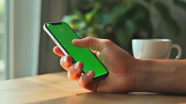 Cinematic Technology Video of Hand Holding Smartphone with Green Screen over Wooden Table
