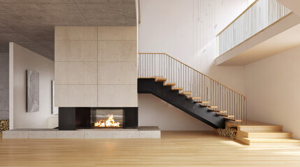 Obraz premium A modern interior design with a staircase and fireplace in the living room