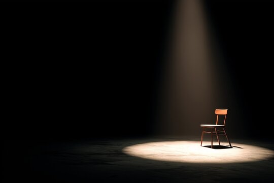 Single chair under spotlight in a dark empty room.