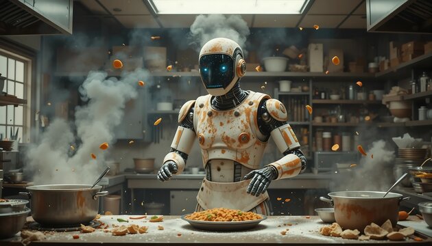 Robot chef smoking and overheating in a messy kitchen, funny humanoid AI assistant failing at cooking with steam and flying food, technology breakdown and stress concept