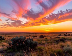 Vibrant Sunset Sky Over a Serene Arid Landscape With Dramatic Clouds